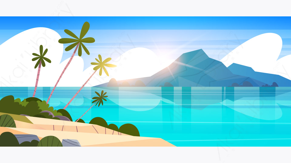 图片素材 美丽的海滨风景夏日海滩与山脉蓝色的水和棕榈树矢量插图 5 源库素材网