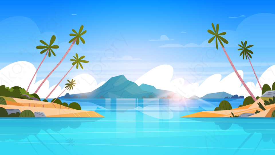 图片素材-美丽的海滨风景夏日海滩与山脉蓝色的水和棕榈树矢量插图-7-源 